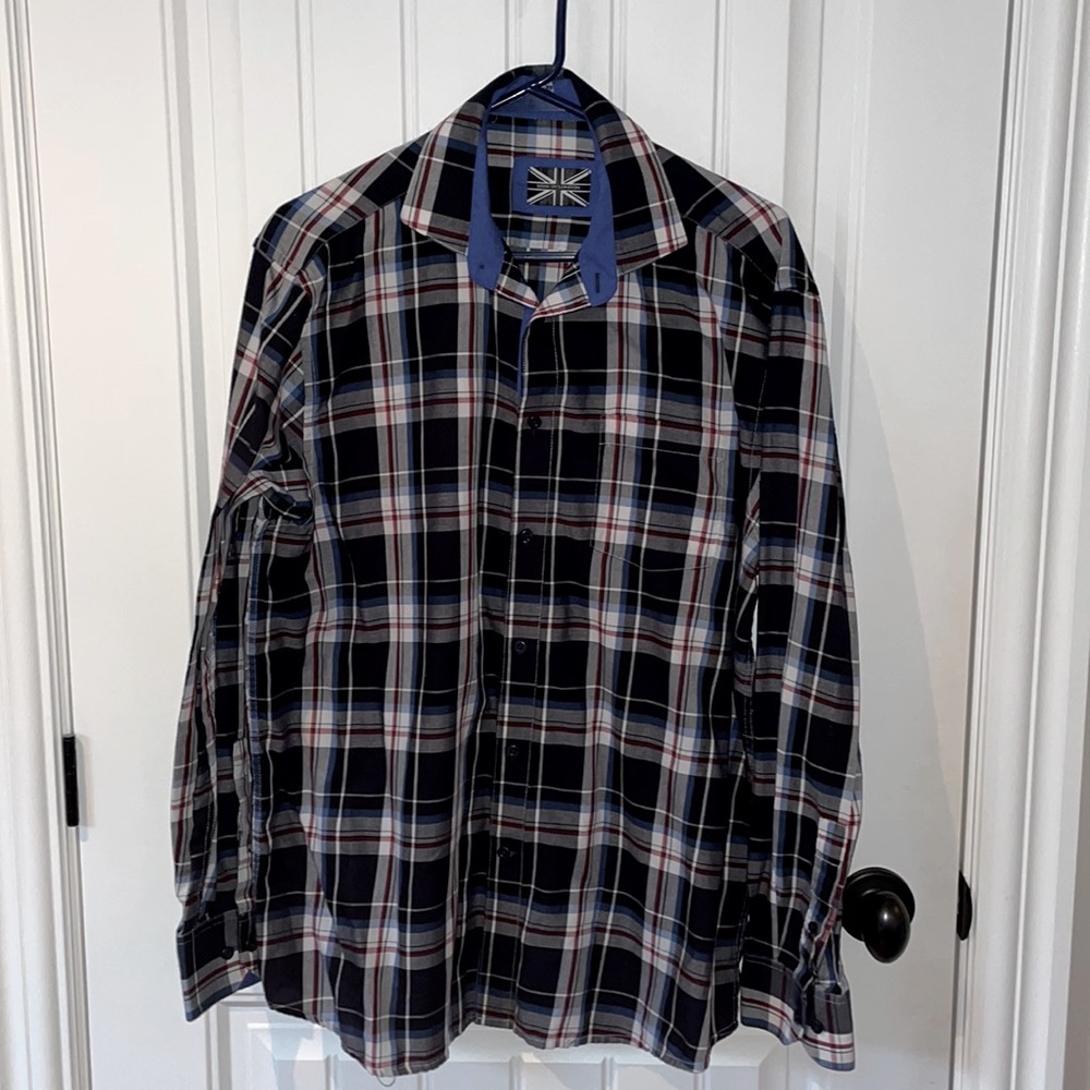 Plaid shirt , black, blue, white and red stripes, medium